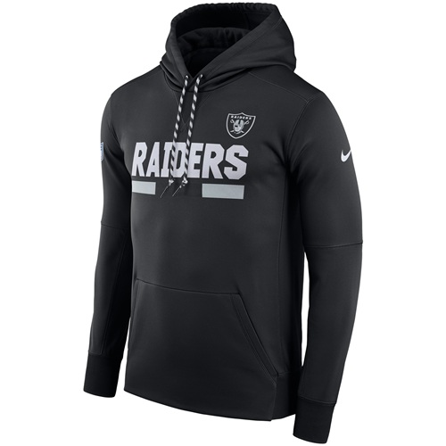 Men's Oakland Raiders Nike Black Sideline ThermaFit Performance PO Hoodie - Click Image to Close